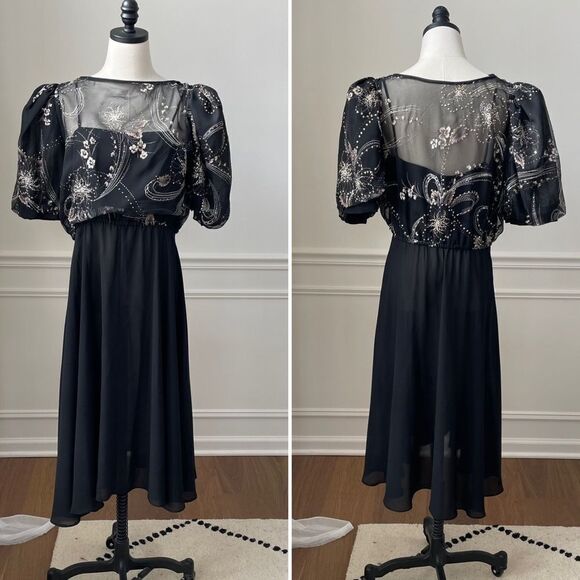 Black Blouson Top Pouf Sleeve Midi Dress L - Picture 1 of 8